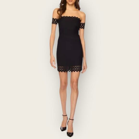 NWT | Susana Monaco | Open Stitch Off-Shoulder Mini Sweater Dress | Black | Sz M - Picture 1 of 14